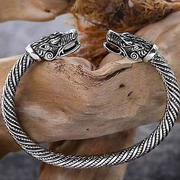 Silver Viking Wolf Head Twisted Norse Arm Band Cuff Bangle Bracelet Men Women - Picture 3 of 6